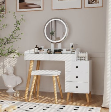 Dressing Table With LED Lights & Extendable Side Table, Stool
